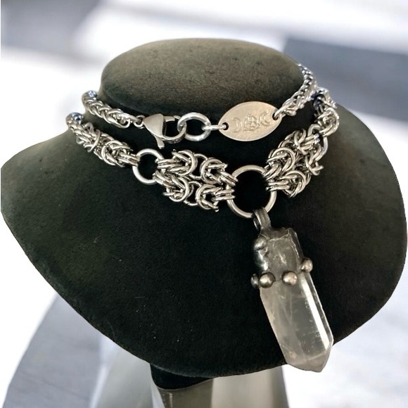 Handmade maille gemstone crystal quartz charm boho silver goth necklace - Picture 4 of 11